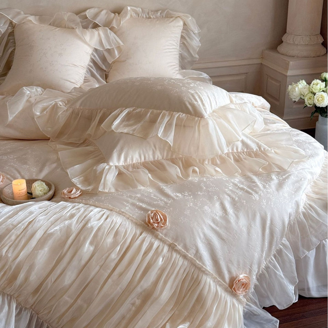 Luxurious Ruffled Satin-Effect Duvet Cover Set with Rosette Accents & Layered Ruffle Skirt
