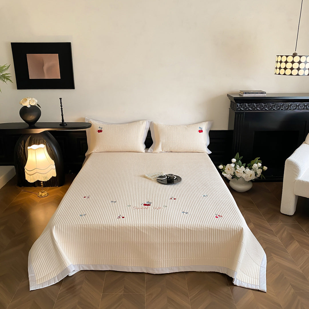 Quilted Lightweight Bedspread Set with Subtle Channel Stitching & Embroidered Mini Motifs