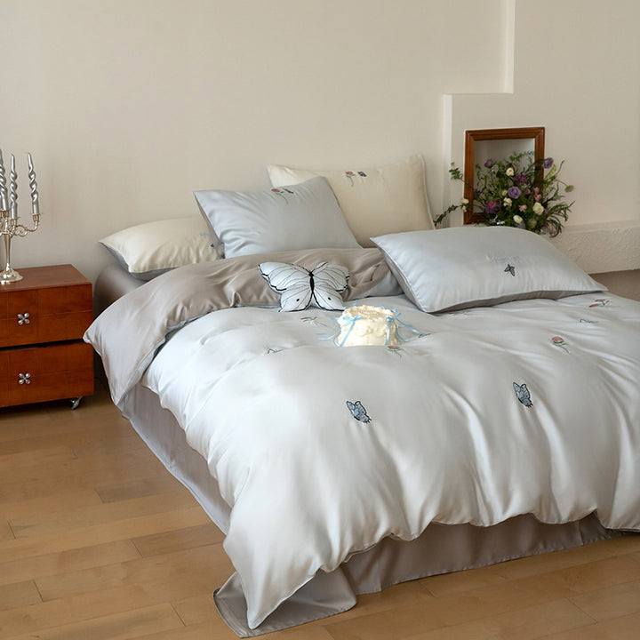 Silky bedding set with butterfly and rose embroidery