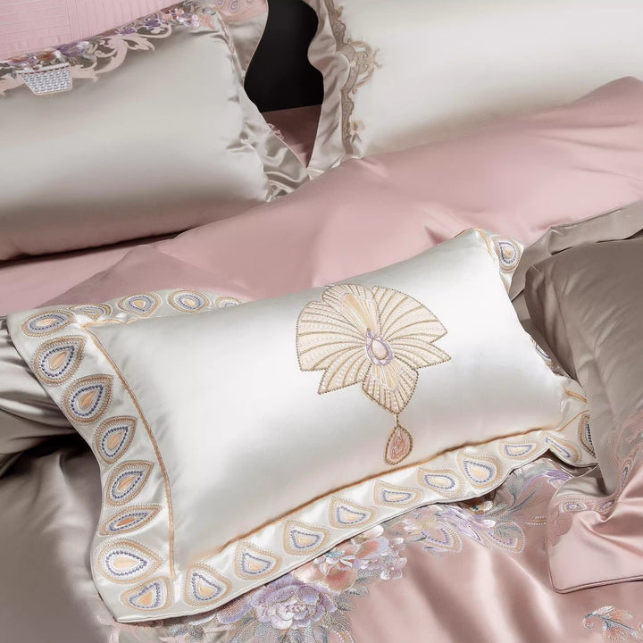 Embroidered Satin Silk Floral Duvet Cover Bedding Set with Decorative Pillow Shams