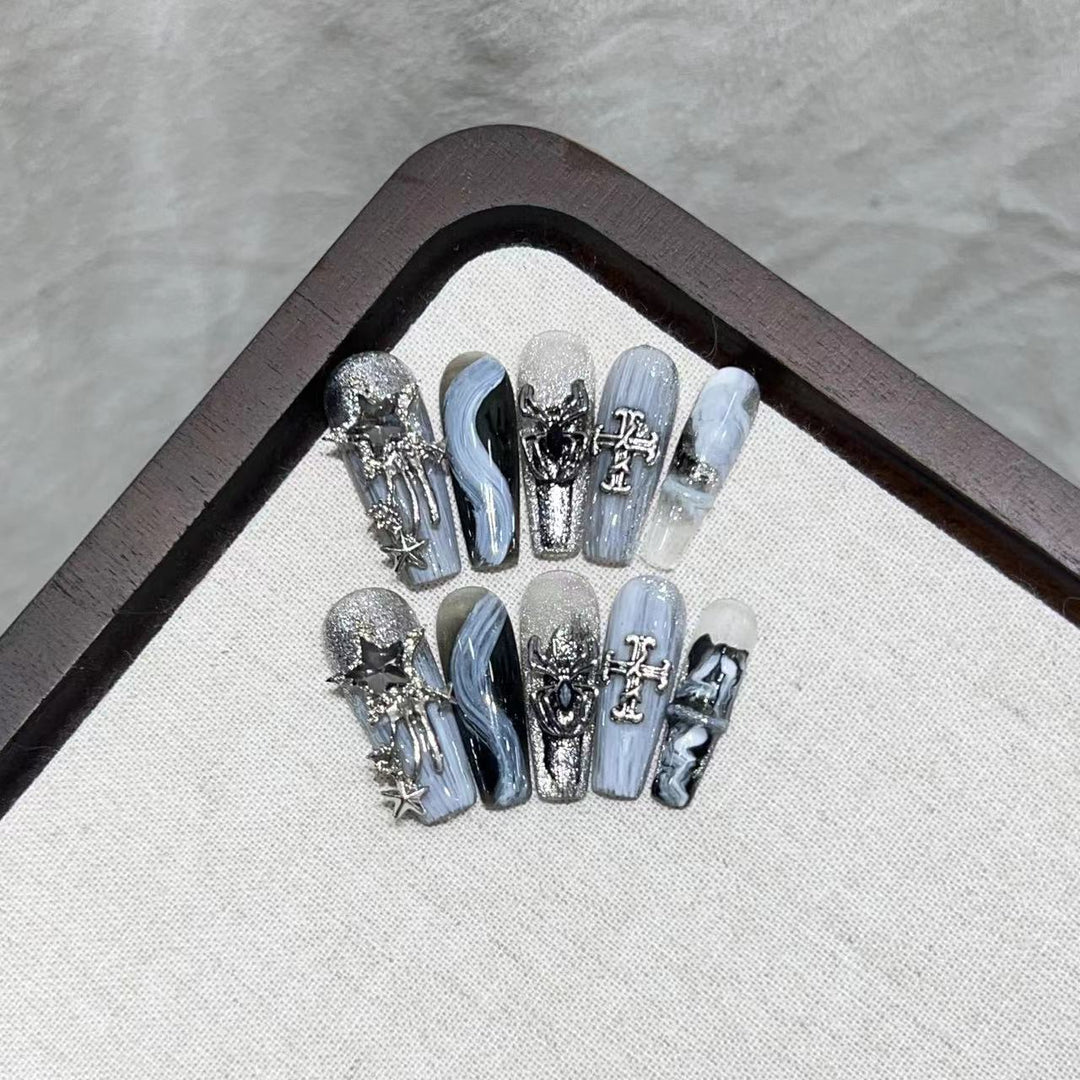 Glamorous Press-On Nail Art Set with Decorative Metallic Elements Stornfield