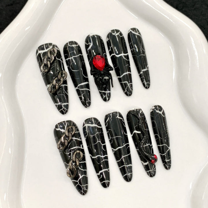 Artistic Press-On Nail Set with Modern Black Marble Design