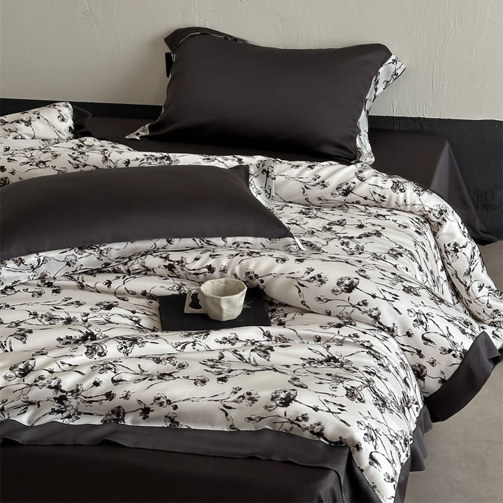 Luxurious satin bedding set with floral watercolor print and satin edge