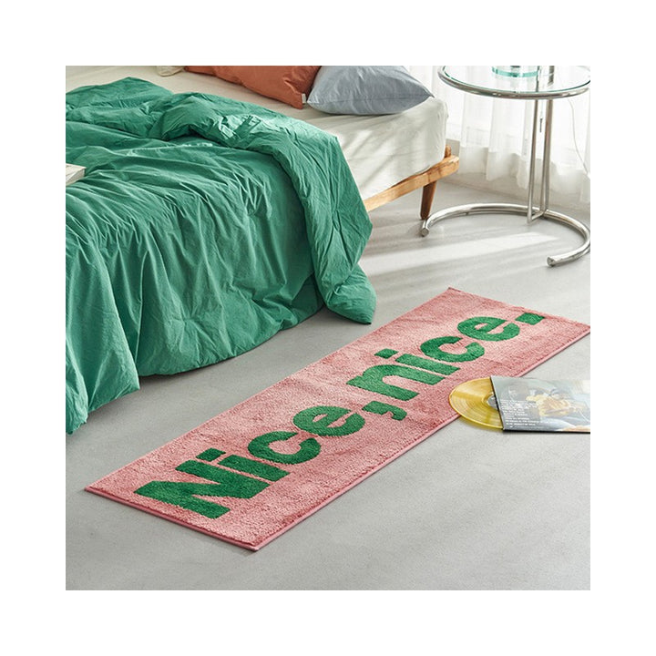 Long Chenille Runner Rug with Bold Green Typographic Slogan