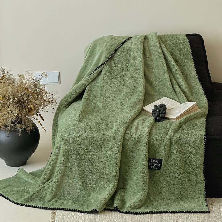 Plush Microfiber Oversized Cozy Throw Blanket with Decorative Pom Trim
