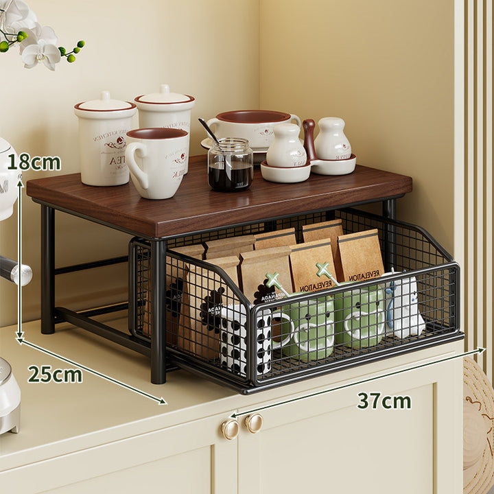 Countertop Wooden Top Metal Storage Rack with Sliding Wire Basket