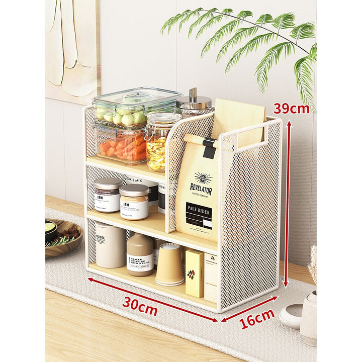 Metal Mesh Countertop Pantry Organizer with Multi-Tier Shelves and Vertical Bag Compartment