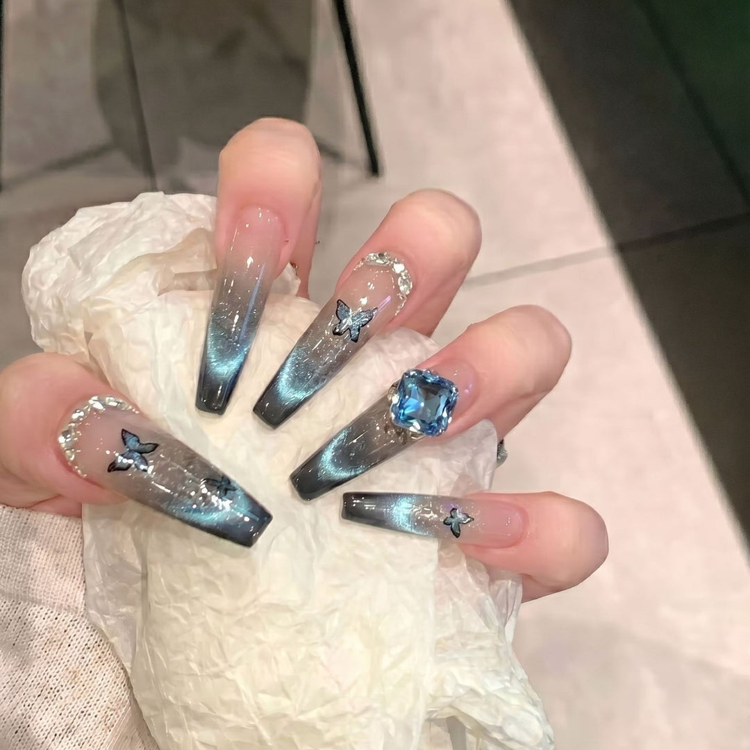 Artistic Ombre Press-On Nail Art Set with Butterfly and Gemstone Accents Stornfield