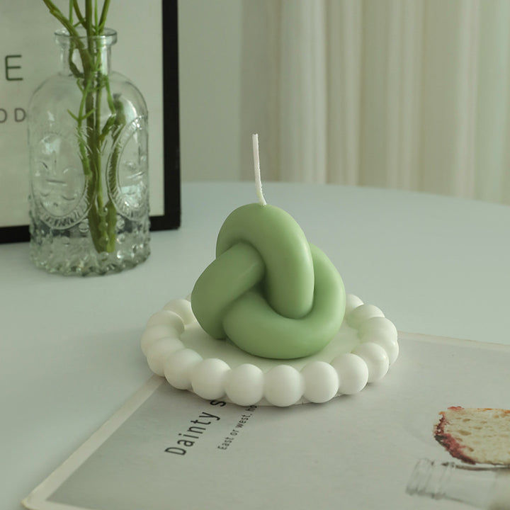 Hand-Poured Sculptural Knot Candle with Beaded Ceramic Tray