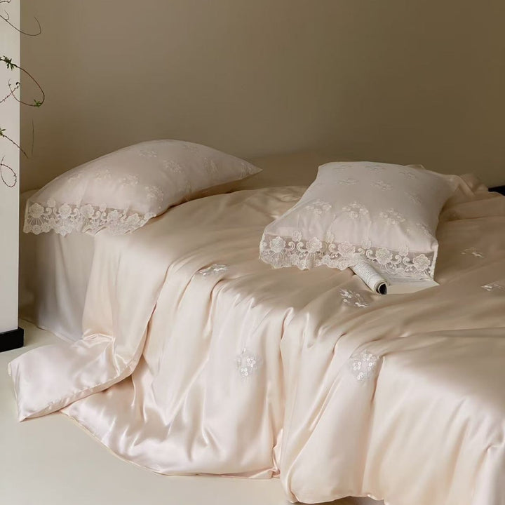 Embroidered Satin Duvet Cover Set with Lace-Trim Pillowcases