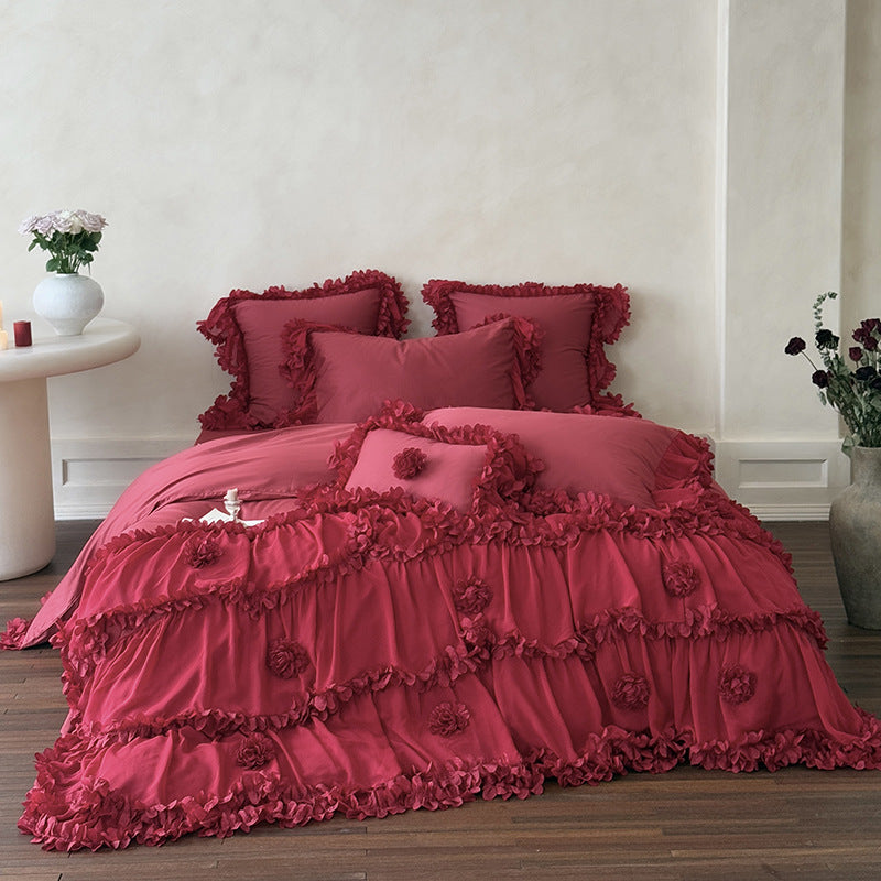 Tiered Rosette-Embellished Cotton Duvet Cover Set