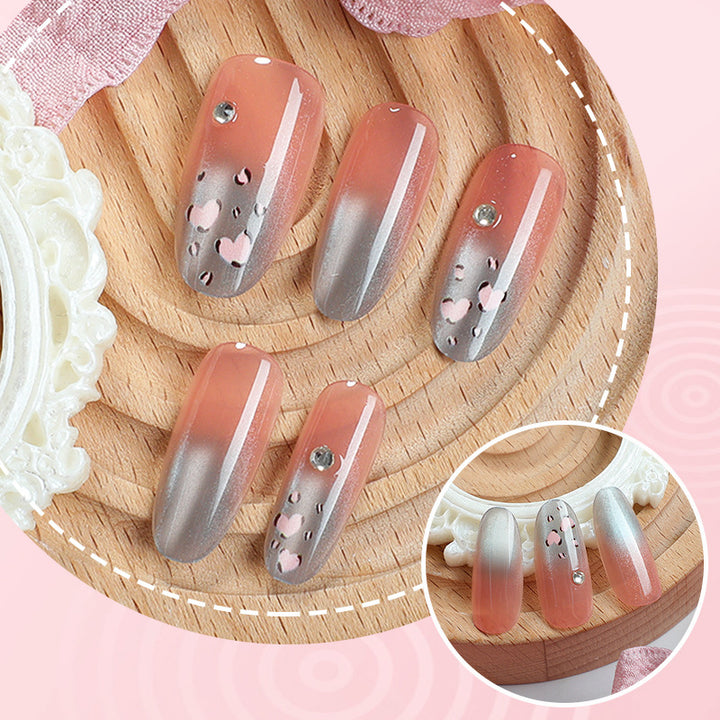 Artistic Press-On Nail Set with Floral and Silver Design