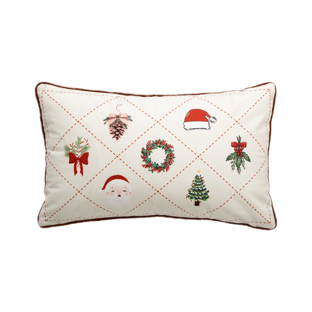 Rectangular cotton decorative pillow with embroidered Christmas motifs and piping