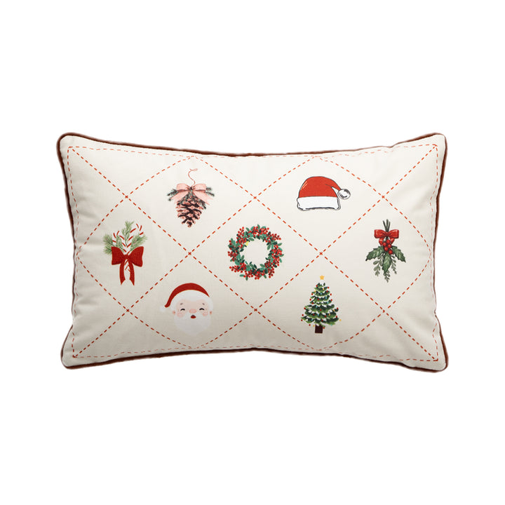 Rectangular cotton decorative pillow with embroidered Christmas motifs and piping
