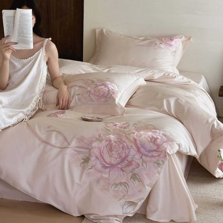 Luxury Silk-Feel Floral Embroidered Duvet Cover & Pillow Sham Set