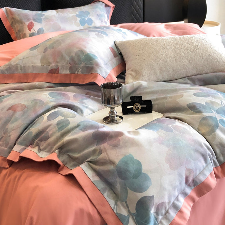 Watercolor Leaf Cotton Sateen Duvet Cover Set with Reversible Solid Back & Piped Hem