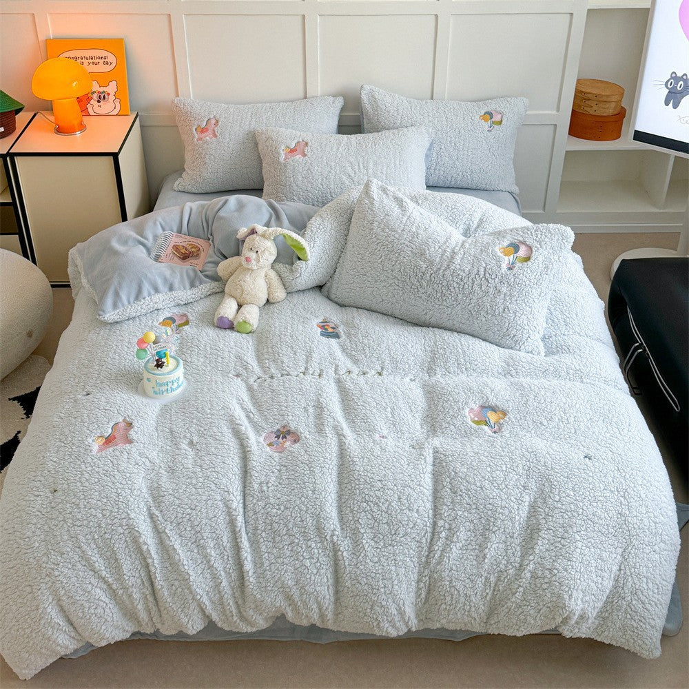 Plush quilt set with rabbit embroidery and Sherpa surface