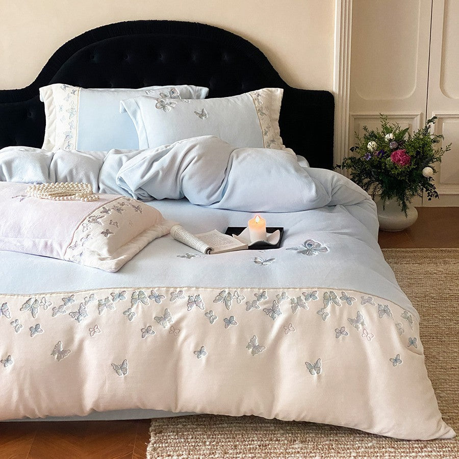 Embroidered Butterfly Cotton Sateen Duvet Cover Set with Pillow Shams