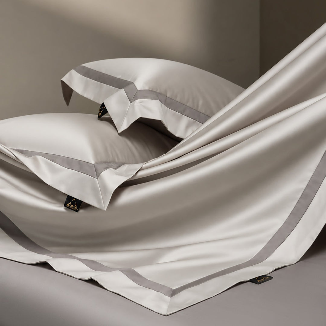 Luxury Two-Tone Cotton Sateen Duvet Cover Set with Double-Trim Border and Euro Shams