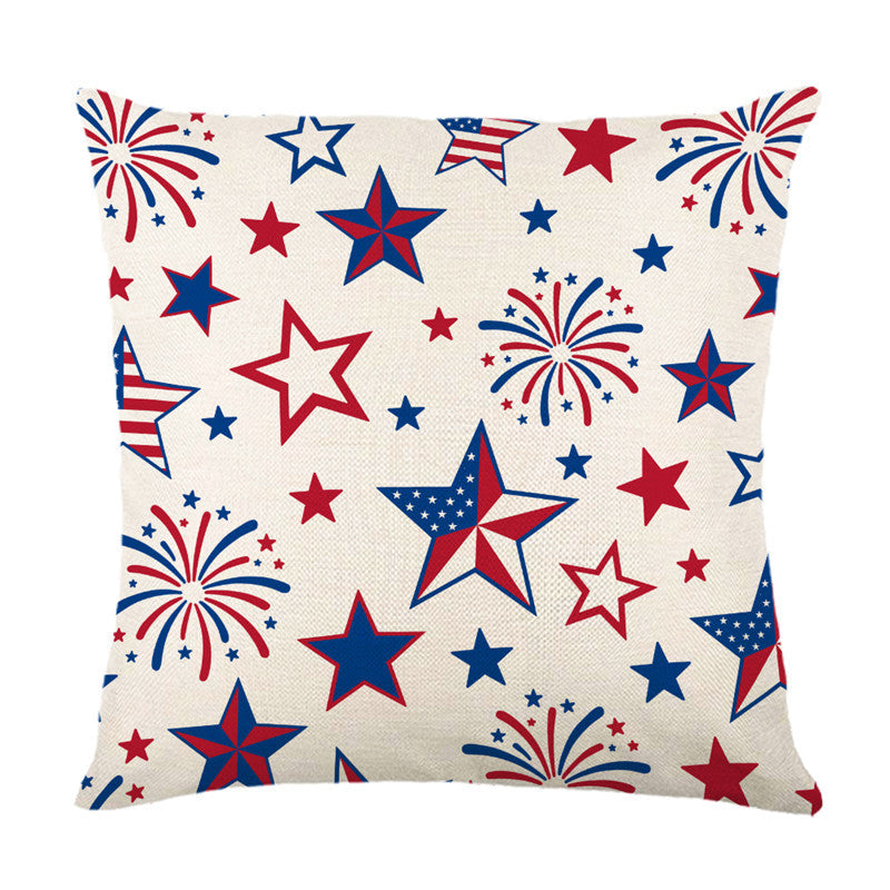 Decorative Cotton-Linen Throw Pillow Cover with Patriotic Star and Fireworks Print