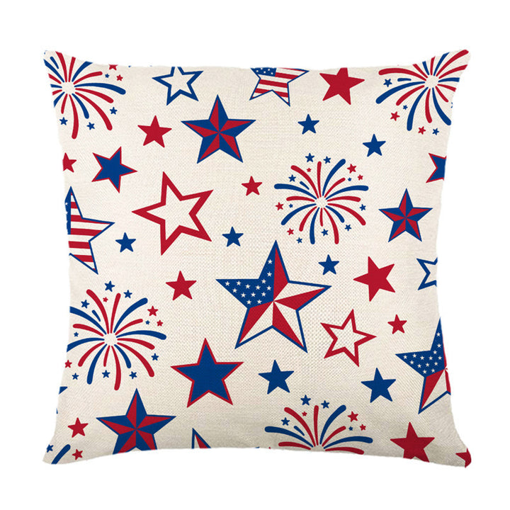 Decorative Cotton-Linen Throw Pillow Cover with Patriotic Star and Fireworks Print