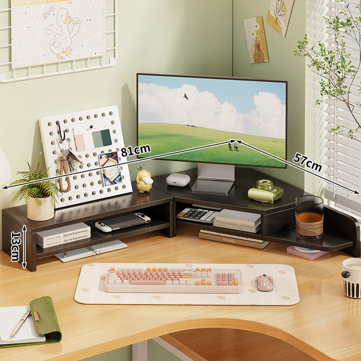 Corner Wooden Monitor Riser with Dual-Tier Storage Shelf