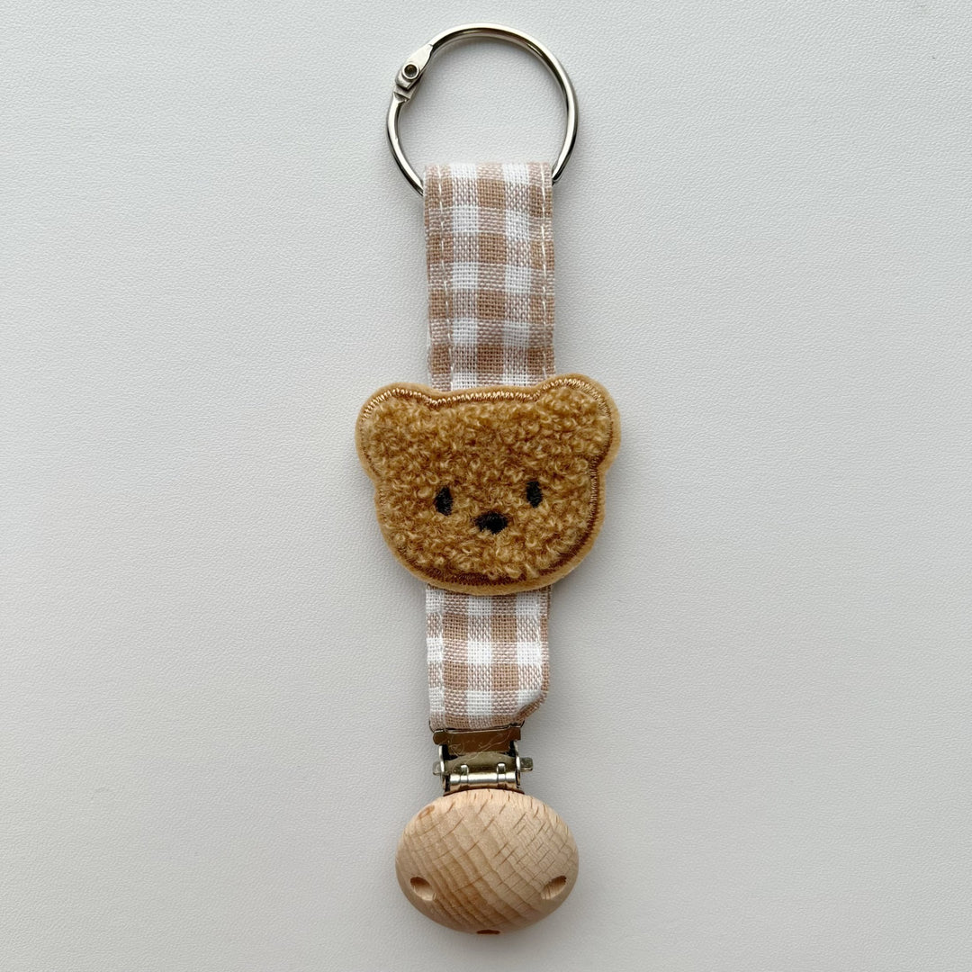 Cotton Gingham Strap Pacifier Clip with Padded Floral Comforter and Wooden Safety Clamp