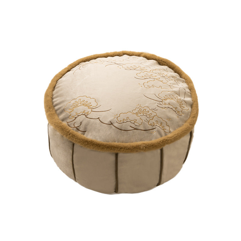 Beef hand-woven pouf with floral print and padded seat surface