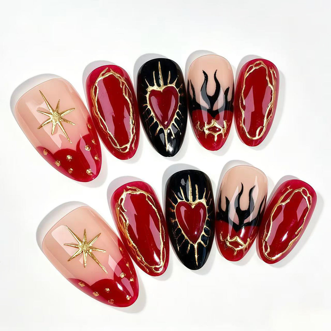 Artistic Press-On Nail Set with Heart and Flame Designs