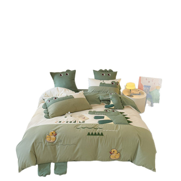 Children's bedding set with three-dimensional crocodile application and reversible function
