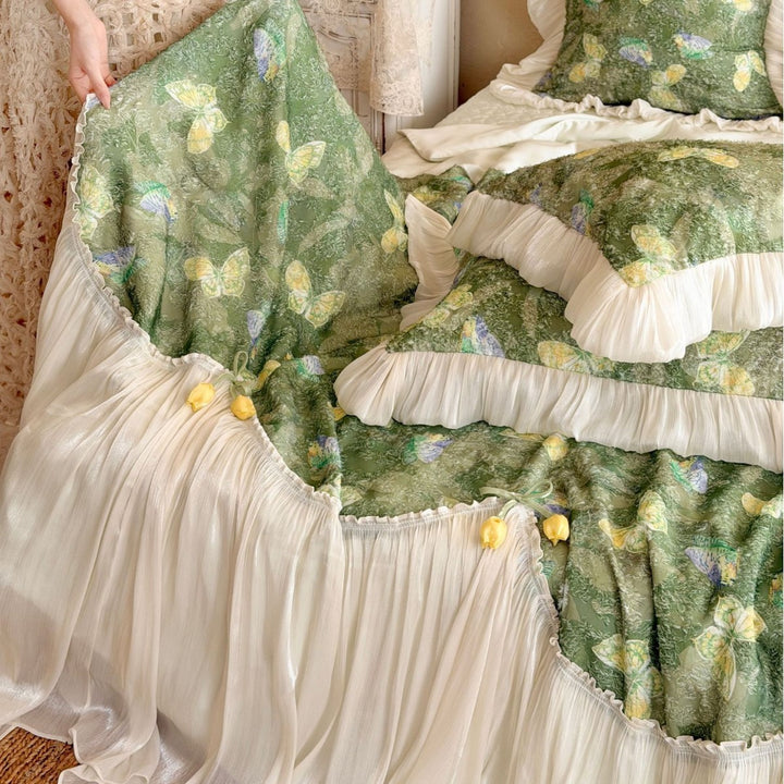 Romantic bedding set with chiffon bed skirt and butterfly print