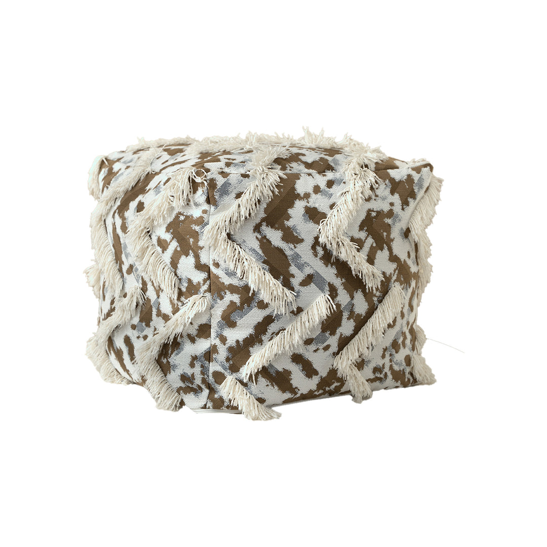 Filled floor seat pouf in ethnic jacquard with decorative fringes Stornfield