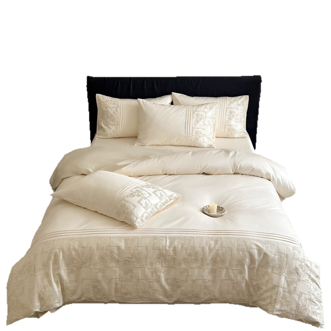Matelassé Embroidered Cotton Duvet Cover Set with Pintuck Border & Decorative Pillow Shams