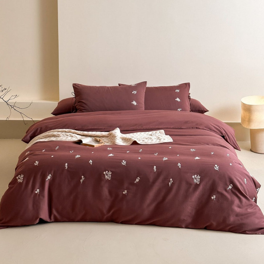Embroidered Mini Floral Cotton Sateen Duvet Cover Set with Pillow Shams