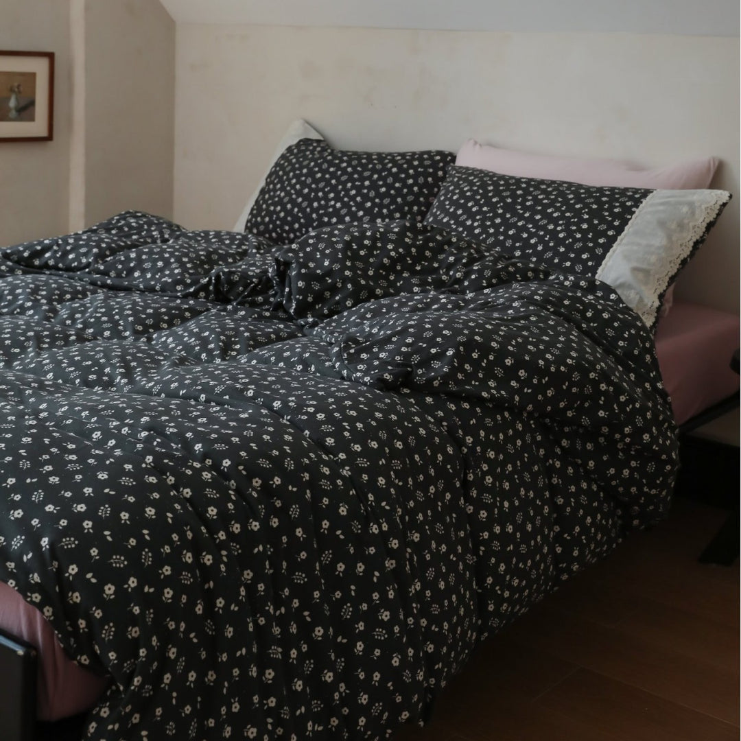 Floral Microcotton Duvet Cover Set with Lace-Trim Pillow Shams