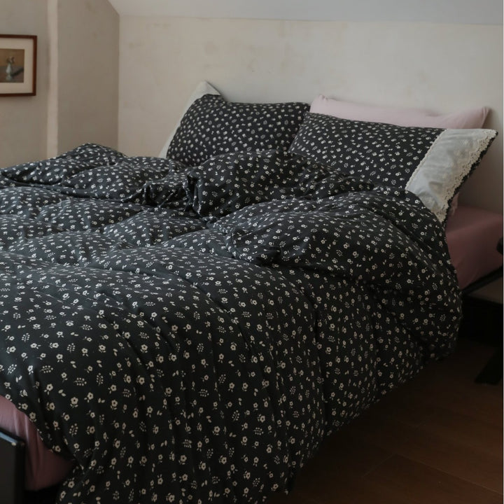 Floral Microcotton Duvet Cover Set with Lace-Trim Pillow Shams