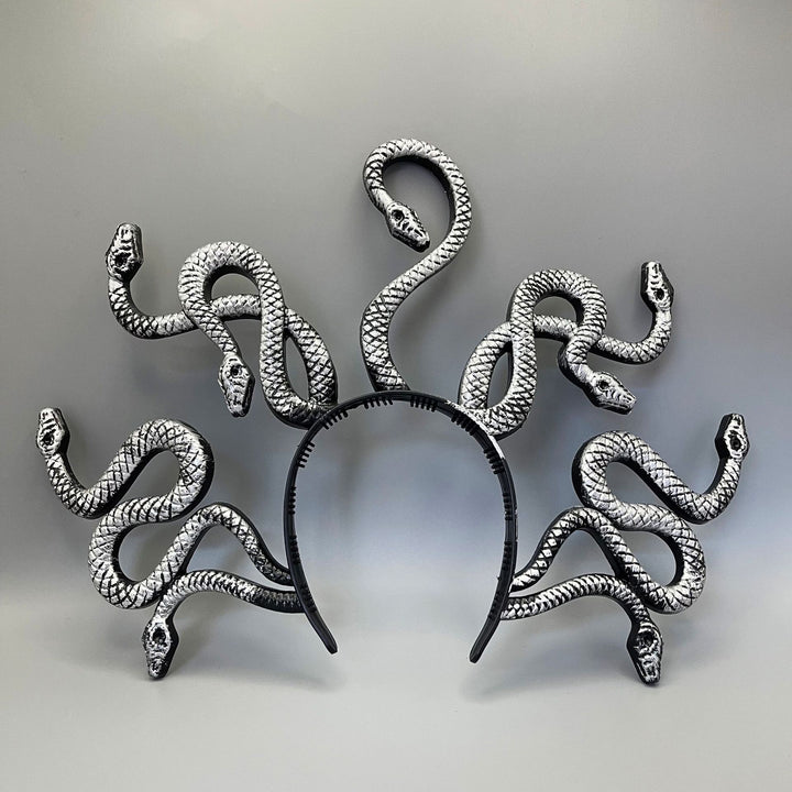 Medusa-inspired headband with 3D snake applications