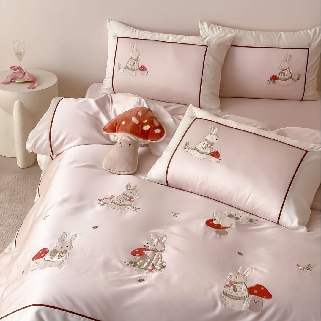 Children's Embroidered Bunny and Mushroom Cotton Sateen Duvet Cover Set