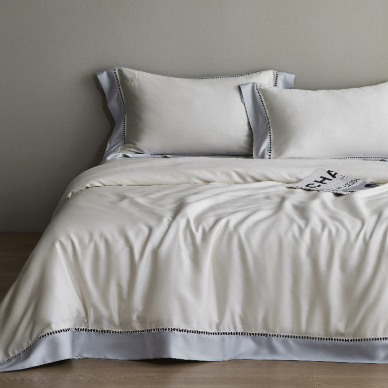 Luxury Sateen Duvet Cover Set with Contrast Hem and Eyelet-Embroidered Shams