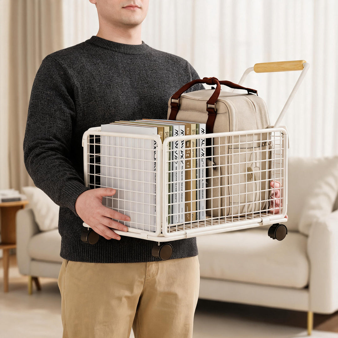 Under-Desk Rolling Wire Storage Cart with Wooden Handle