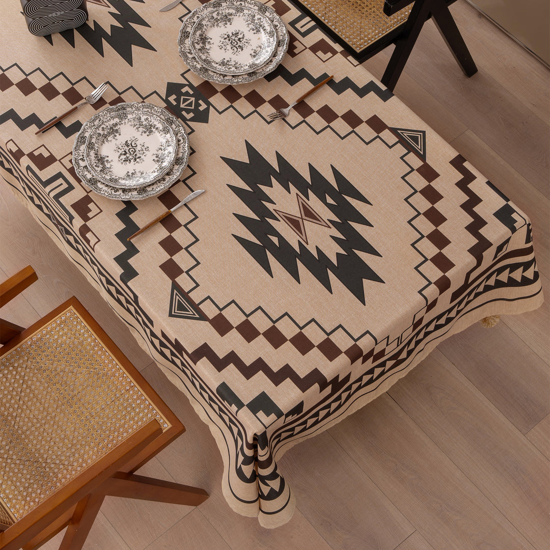 Rectangular tablecloth in linen look with pompom tassels Stornfield