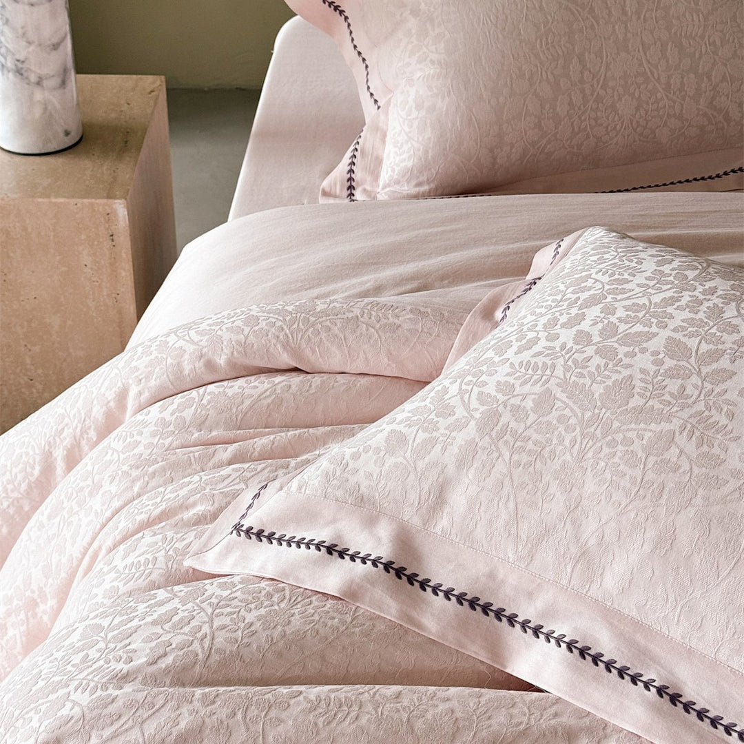 Jacquard Cotton Sateen Duvet Cover Set with Embroidered Leaf Border and Oxford Shams