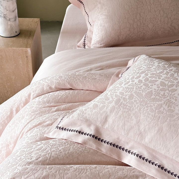 Jacquard Cotton Sateen Duvet Cover Set with Embroidered Leaf Border and Oxford Shams