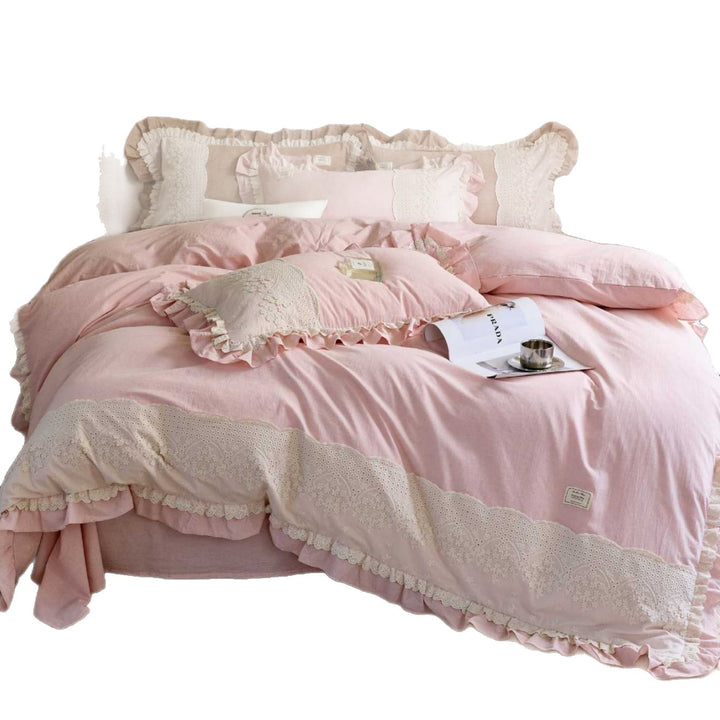 Vintage-Inspired Ruffled Eyelet Lace Cotton-Linen Duvet Cover Set