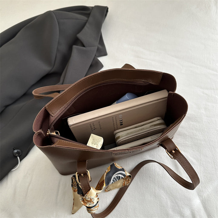 Elegant Faux Leather Tote Bag with Scarf Detail