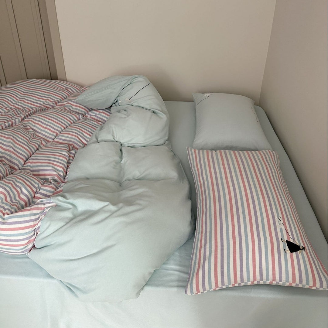 Pastel Striped Cotton Sateen Lightweight Duvet Cover Set with Solid Fitted Sheet and Accent Embroidered Sham