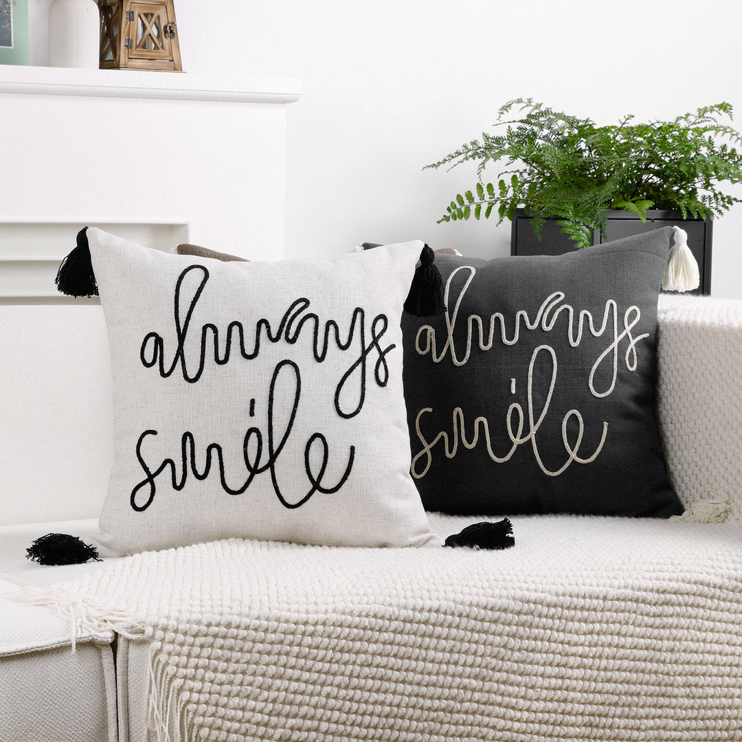 Square Linen-Blend Rope Embroidered Tassel Accent Pillow Cover