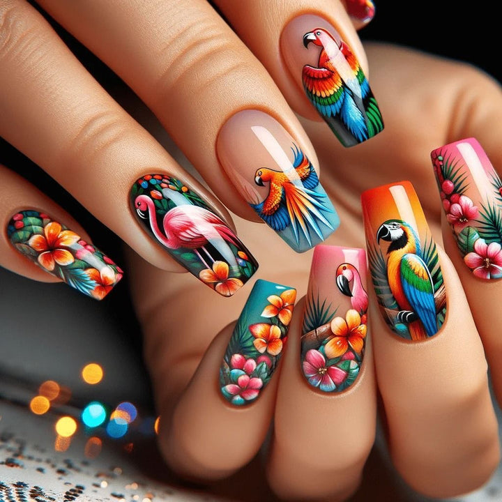Artificial Nails Set with Tropical Bird Design Stornfield