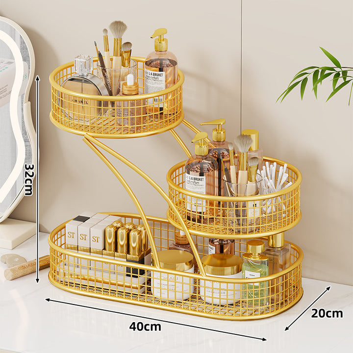 Three-Tier Mesh Vanity Organizer with Built-In Tissue Slot and Round Rotating Trays