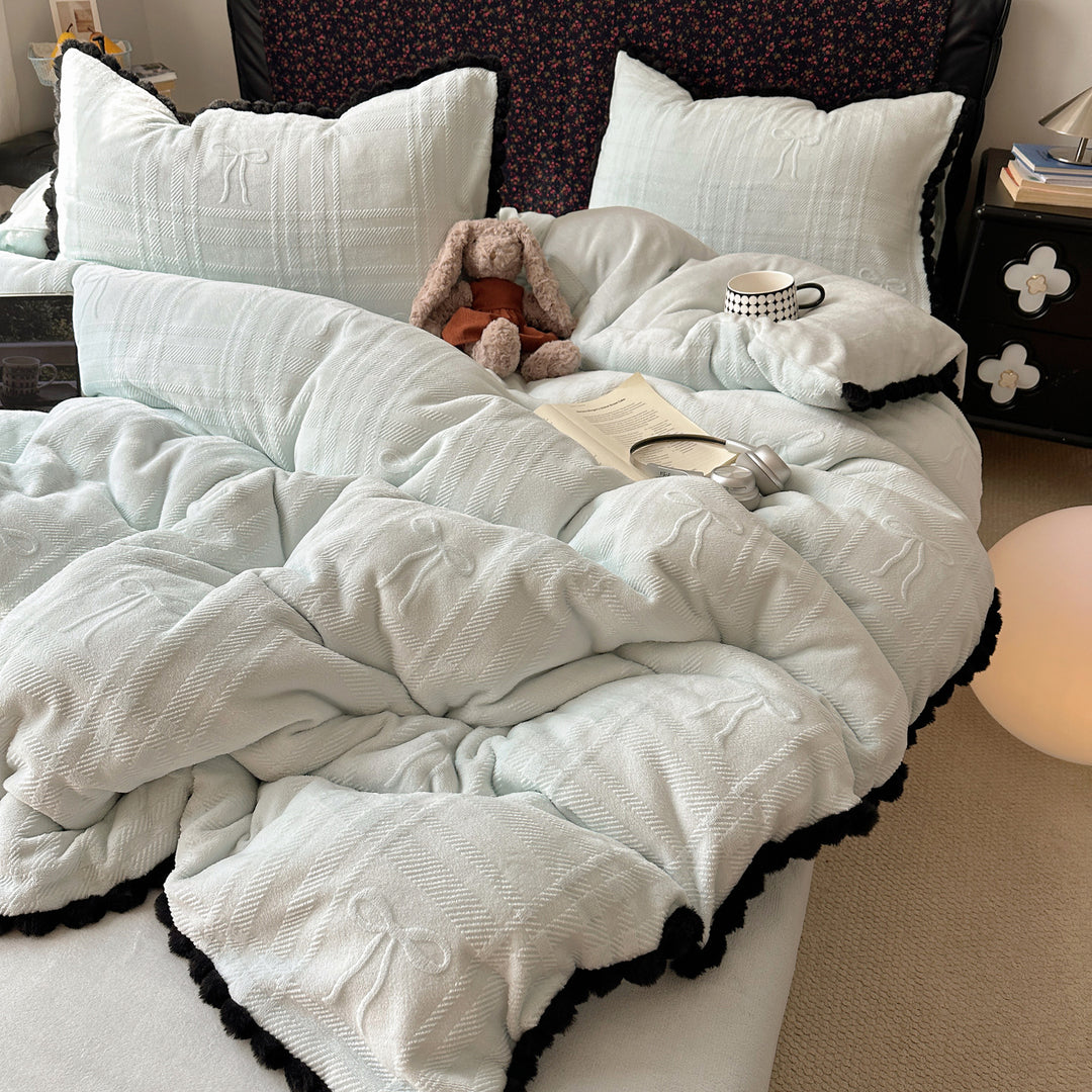 Embossed Bow-Pattern Quilted Comforter Set with Pom-Pom Trim
